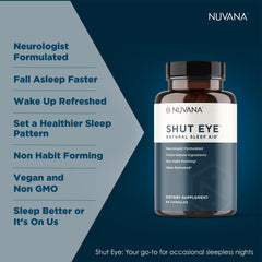 Nuvana Shut Eye etiqueta con información de ingredientes y GMP