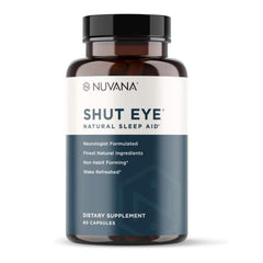 Nuvana Shut Eye frontal del envase mostrando 60 cápsulas y beneficios