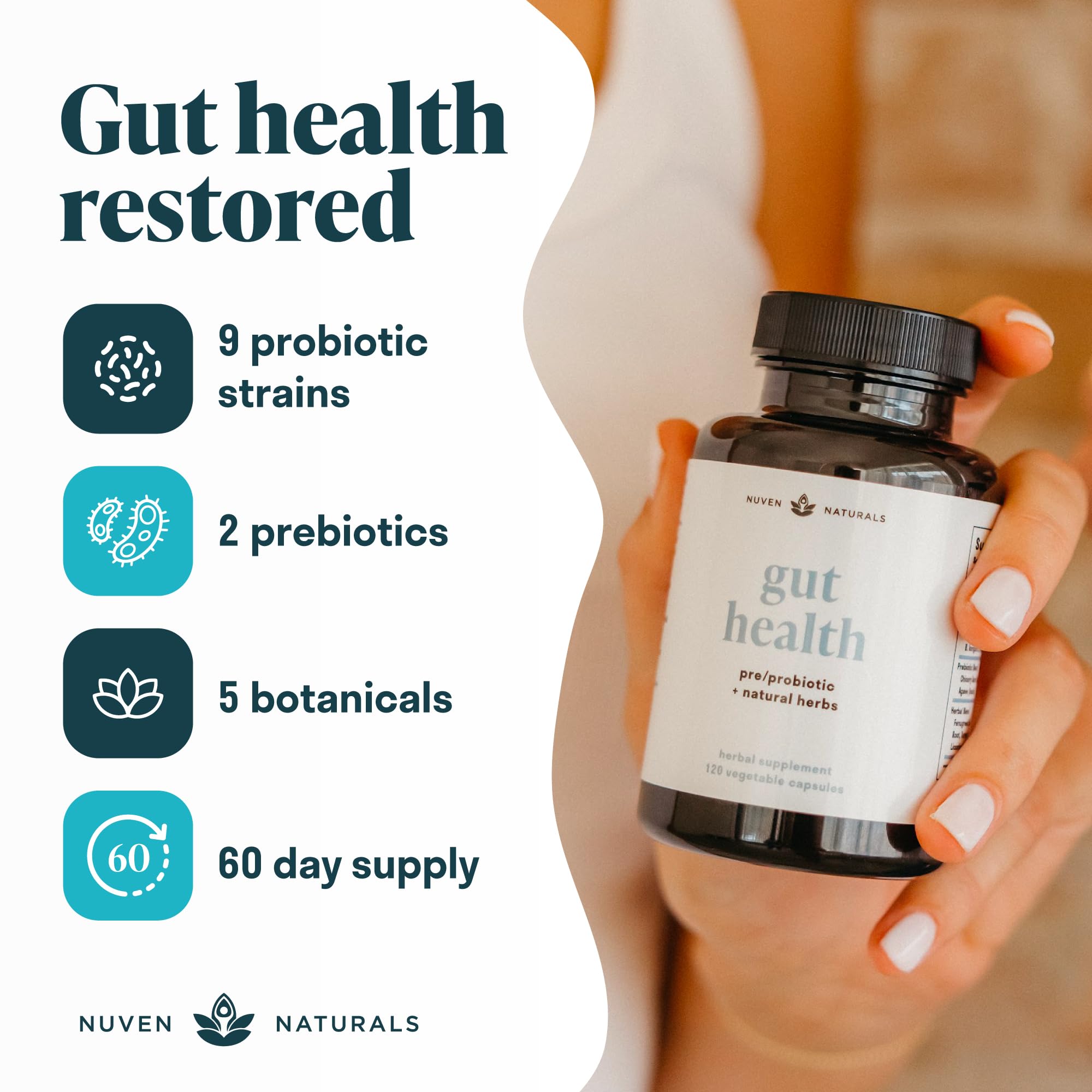 Nuven Naturals botella abierta con cápsulas para toma diaria conveniente