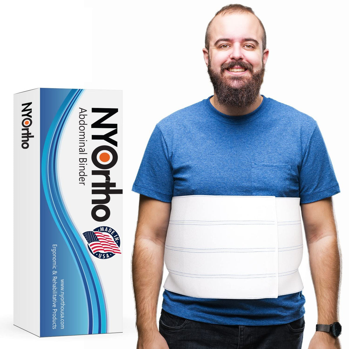 NYOrtho faja frontal empaquetada mostrando cobertura completa y soporte