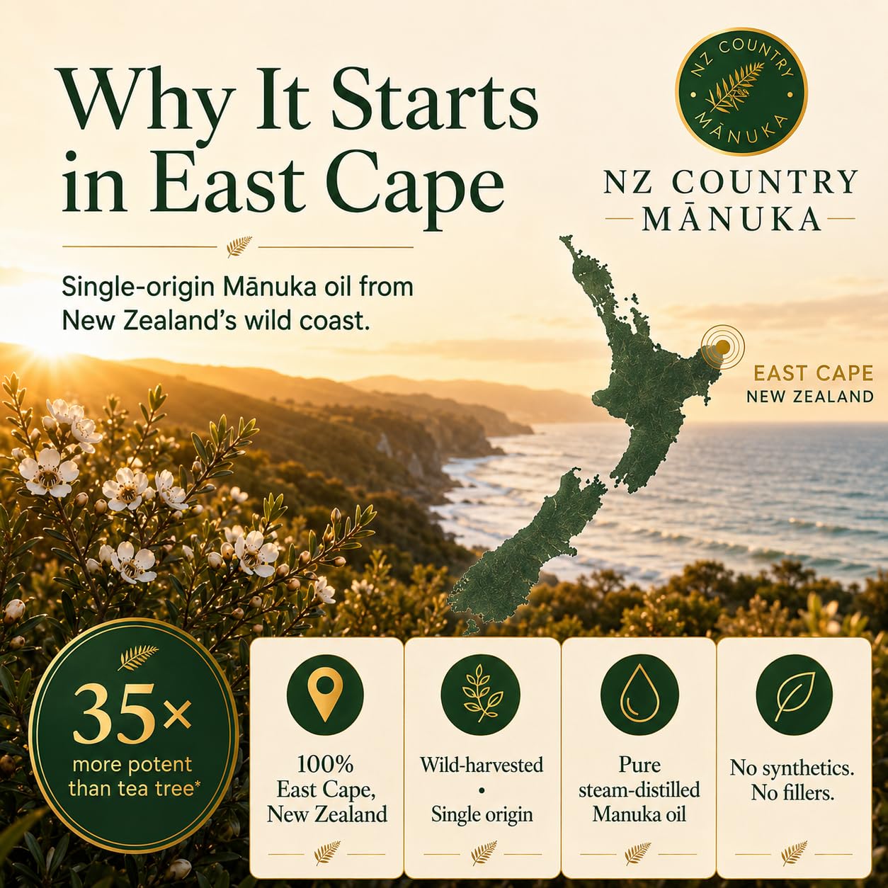 Etiqueta de NZ Country Manuka con sello de prueba externa y certificación