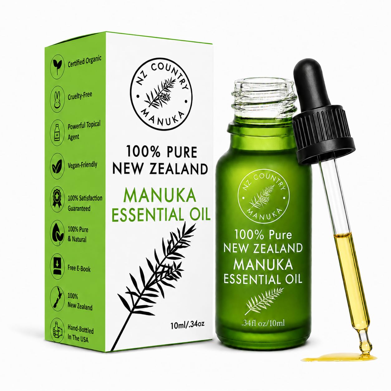 NZ Country Manuka botella frontal que muestra aceite puro y envase elegante