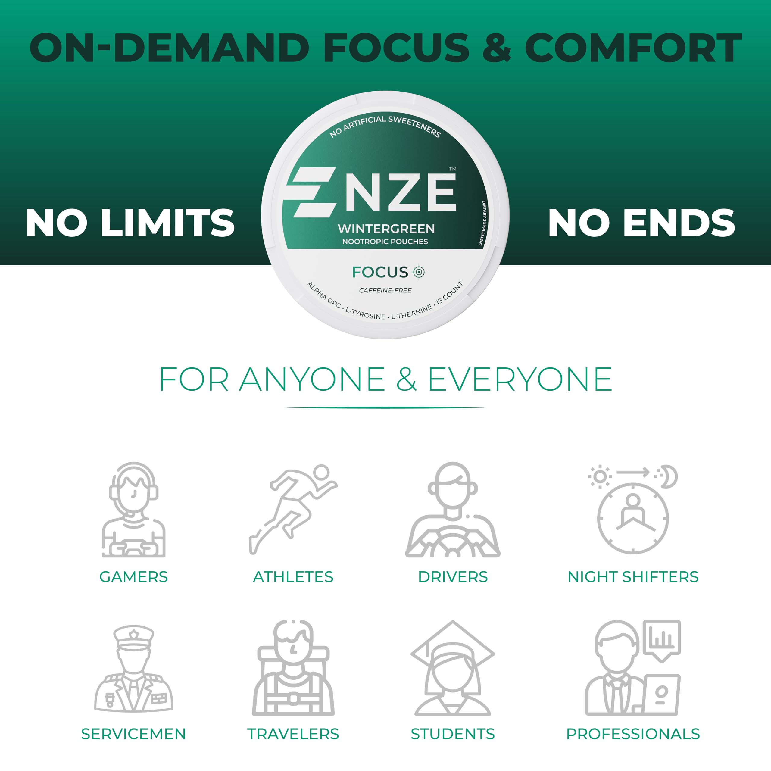 Primer plano de la etiqueta NZE mostrando Alpha GPC, L‑Tyrosine y L‑Theanine