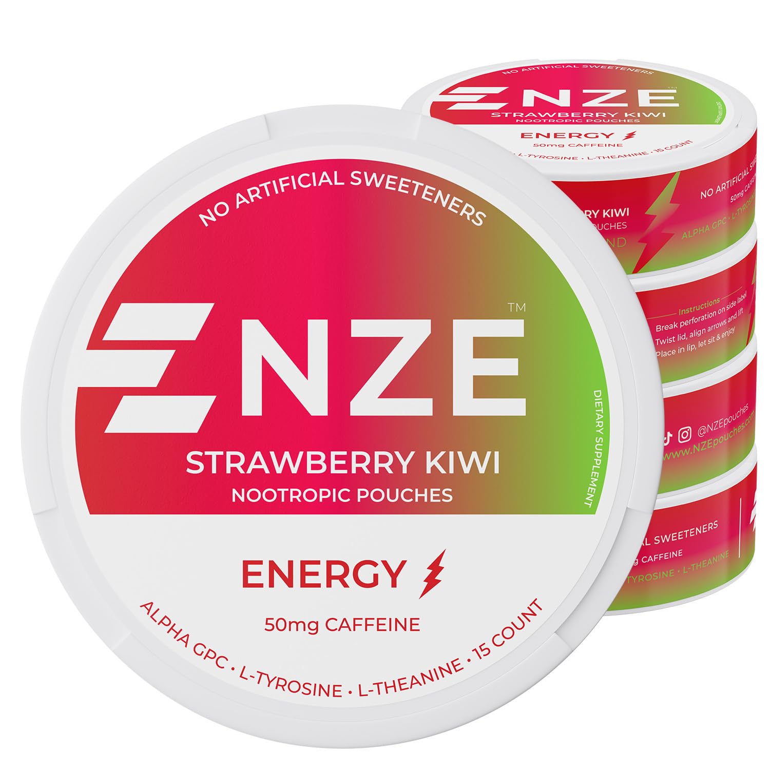 NZE lata frontal sabor fresa kiwi mostrando 15 pouches y diseño limpio