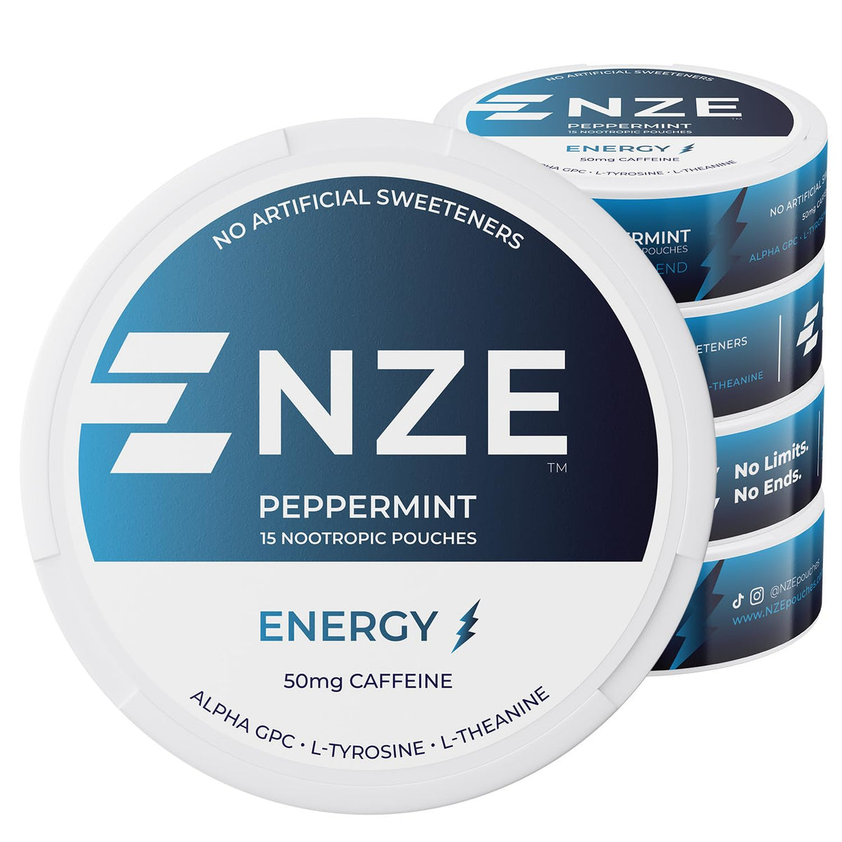 NZE lata frontal de pouches menta, práctico para energía inmediata