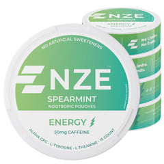 NZE lata frontal sabor spearmint mostrando diseño y beneficio portable