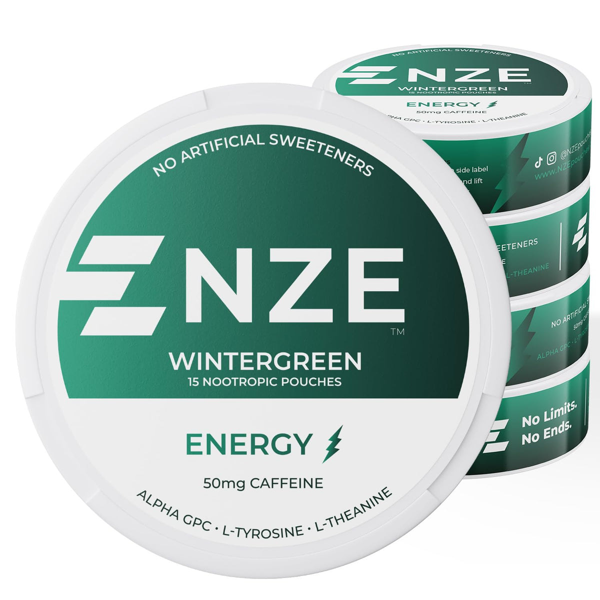 NZE lata frontal Wintergreen mostrando diseño y cantidad por lata