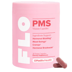 O Positiv FLO PMS vista frontal, envase claro y beneficios visibles