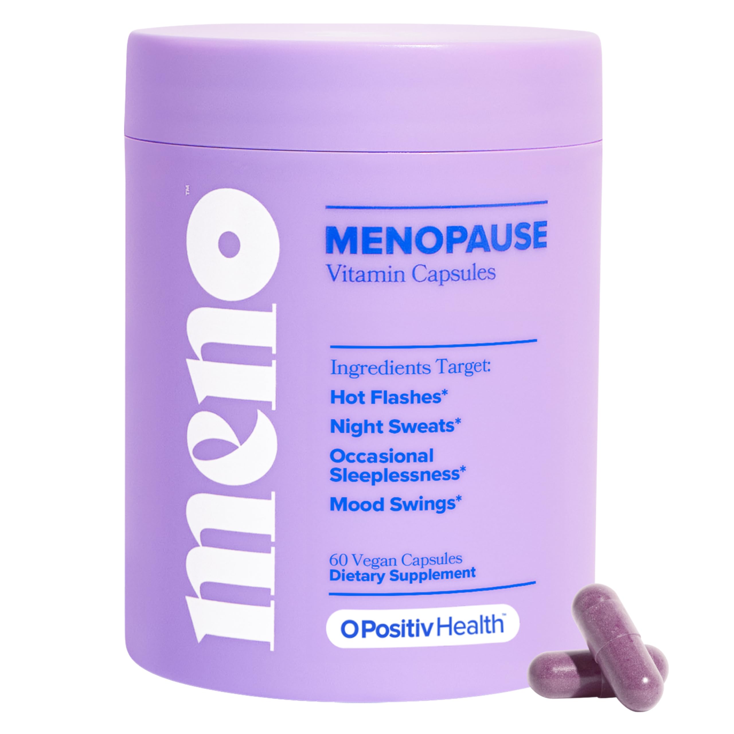 O Positiv MENO vista frontal con etiquetado claro para alivio menopausia