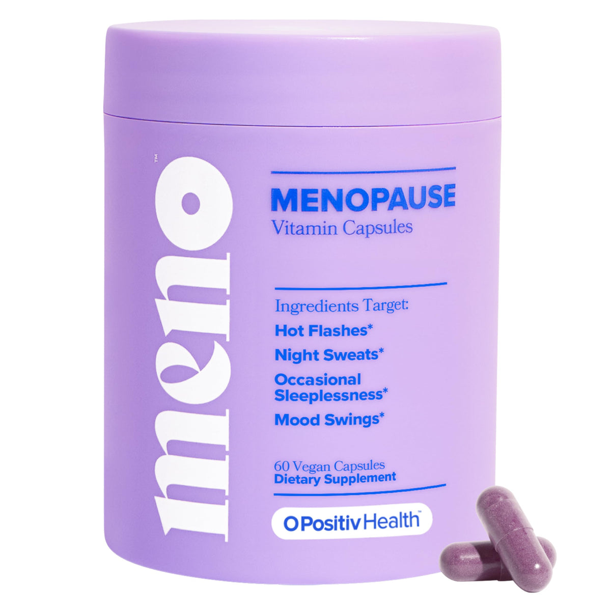 O Positiv MENO vista frontal con etiquetado claro para alivio menopausia