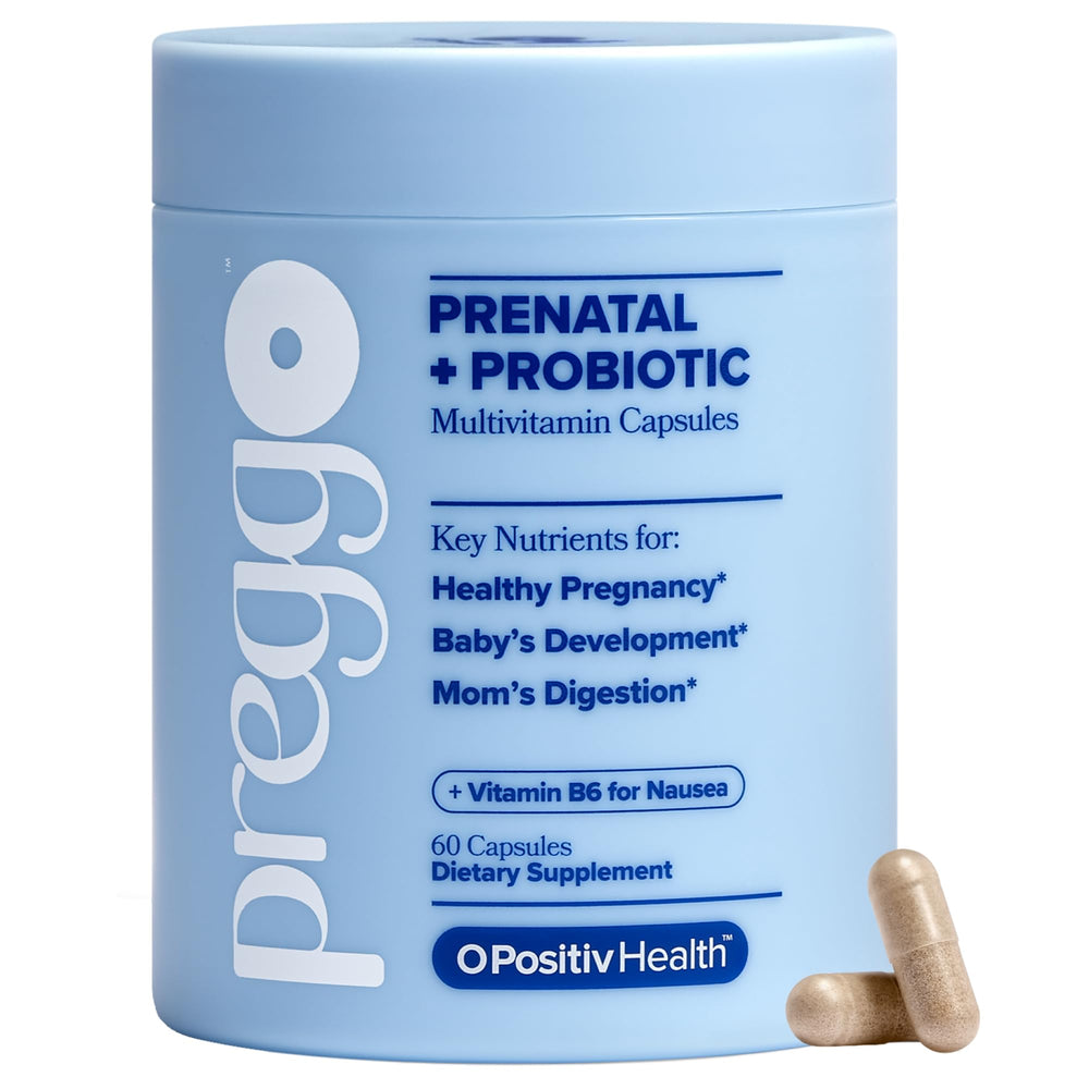 O Positiv PREGGO frasco frontal mostrando la marca y beneficios clave