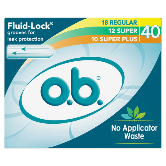 o.b. empaque frontal multipack mostrando 40 tampones y variedad de absorbencias