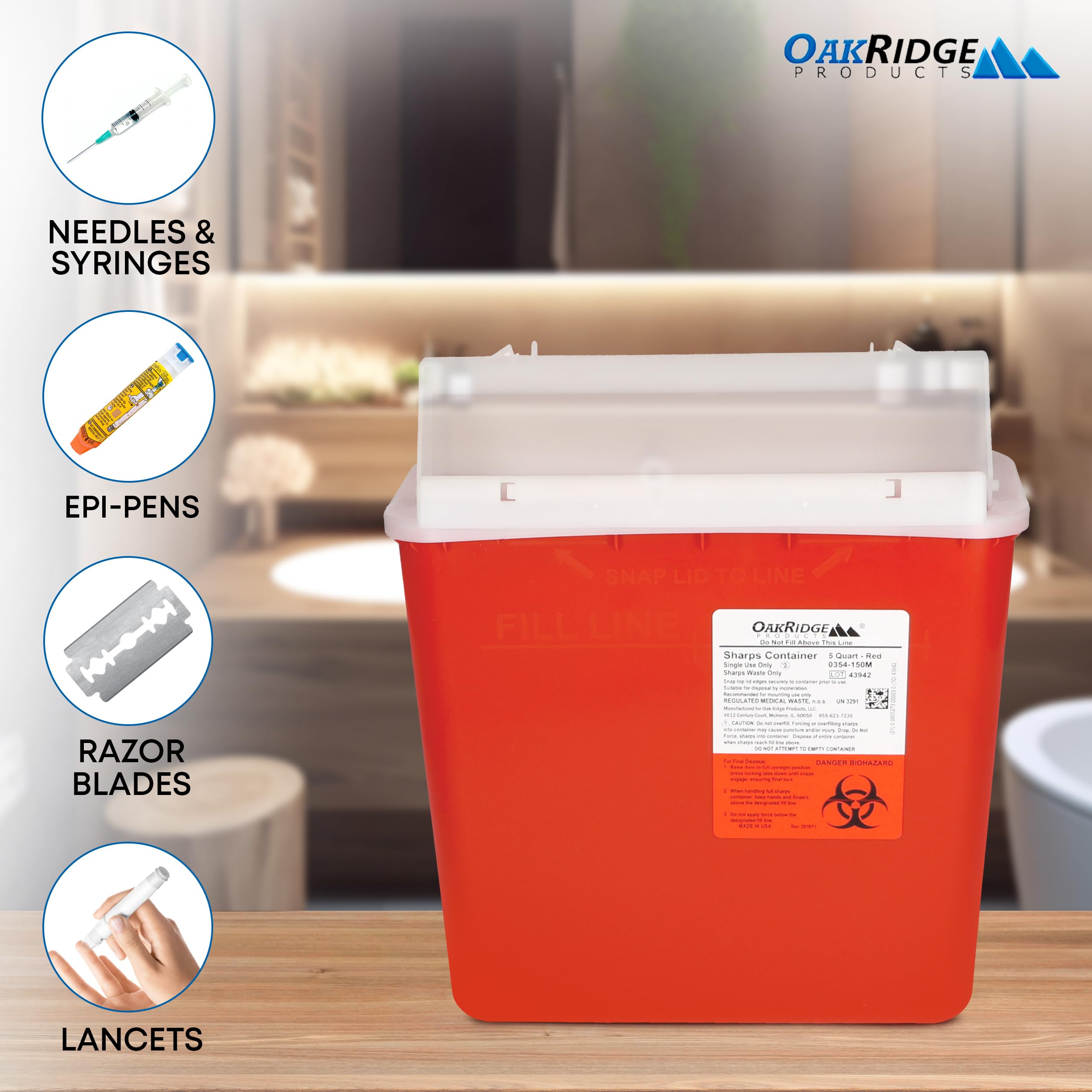Oakridge Products contenedor junto a mano para mostrar escala y control de volumen