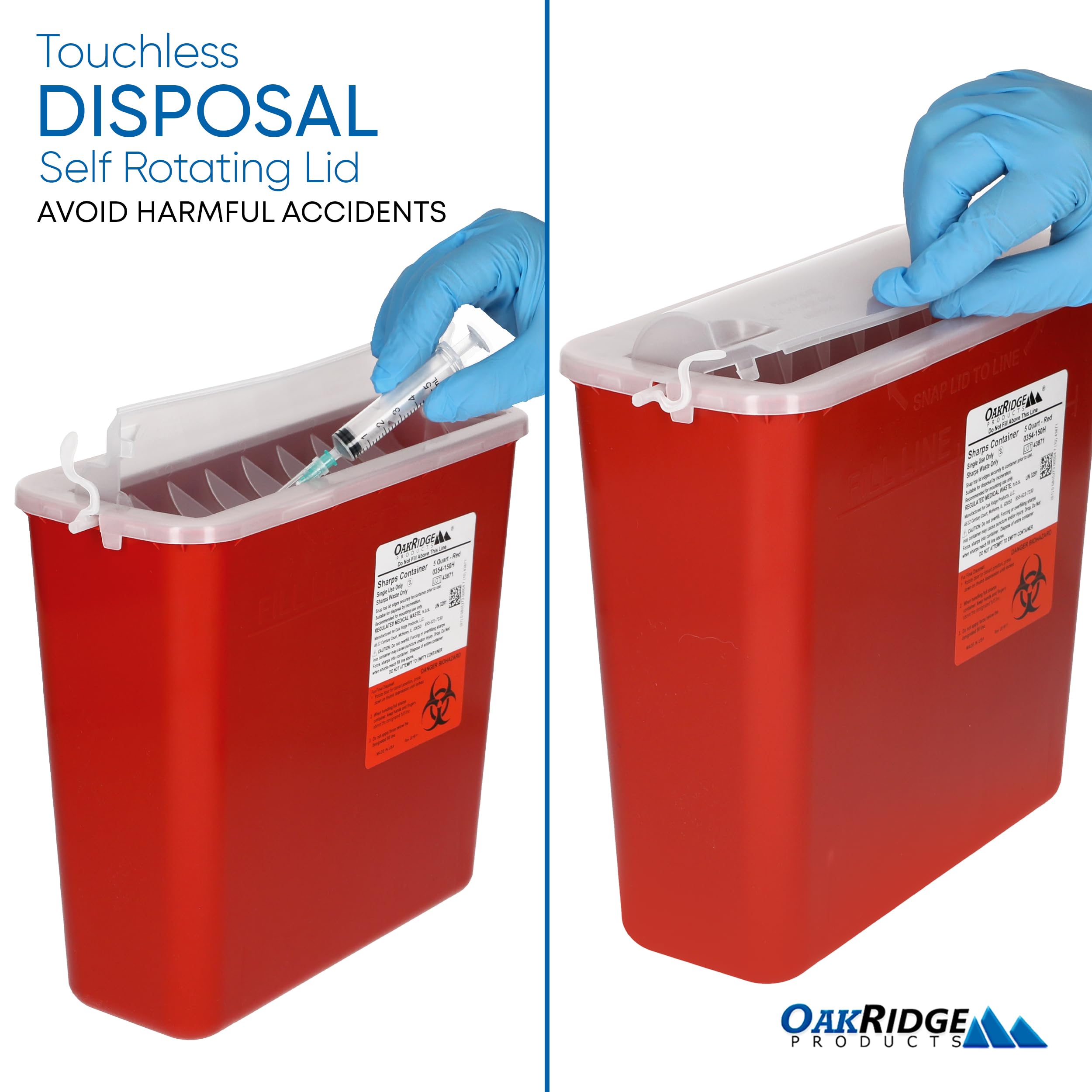 Oakridge Products mano depositando una jeringa para demostrar uso sin tocar el interior