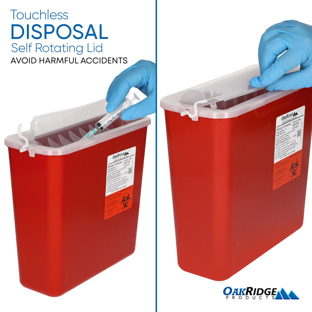 Oakridge Products mano depositando una jeringa para demostrar uso sin tocar el interior