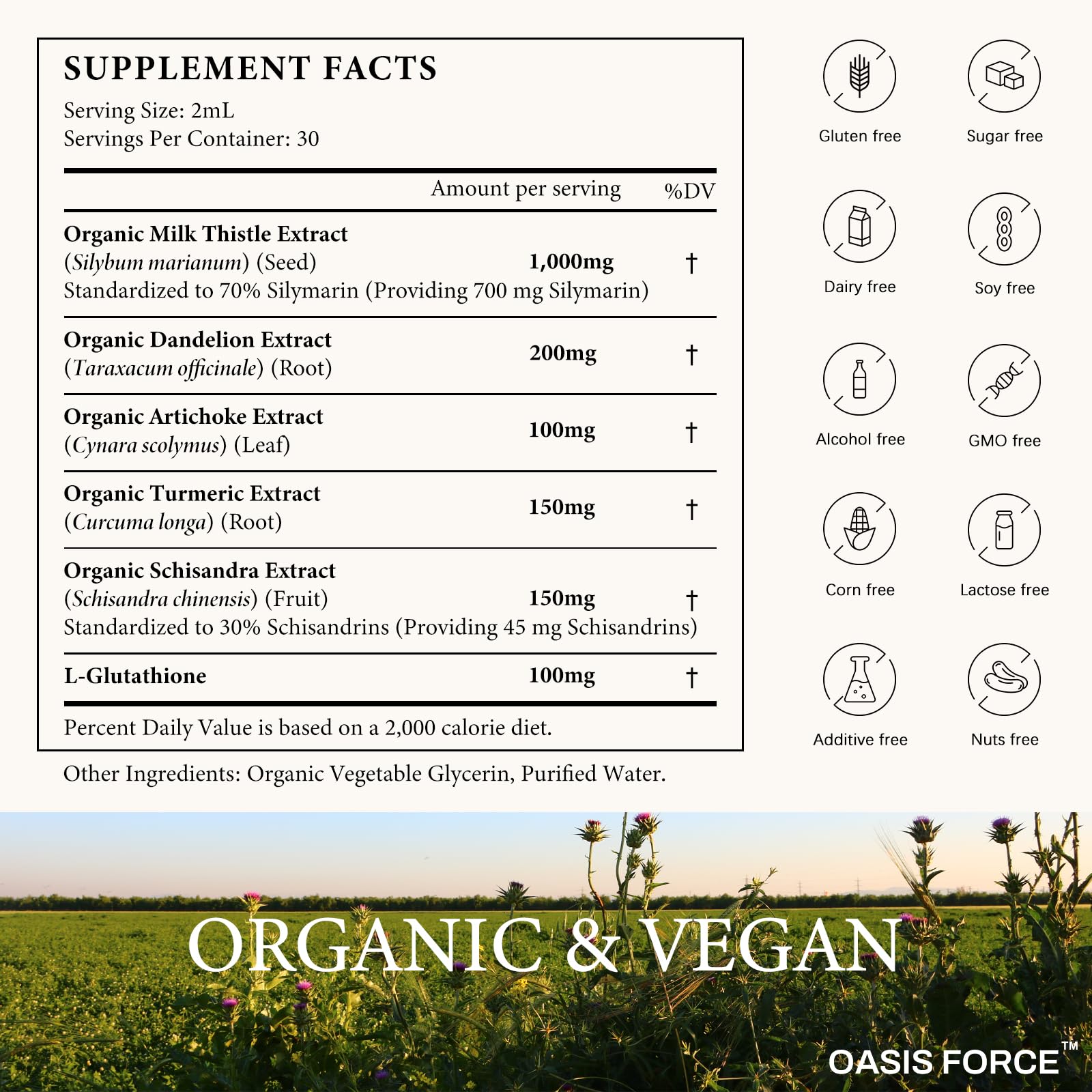 OASIS FORCE botella junto a cardo mariano y diente de león para evidenciar origen vegetal
