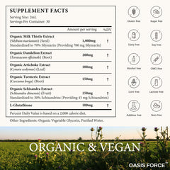 OASIS FORCE botella junto a cardo mariano y diente de león para evidenciar origen vegetal