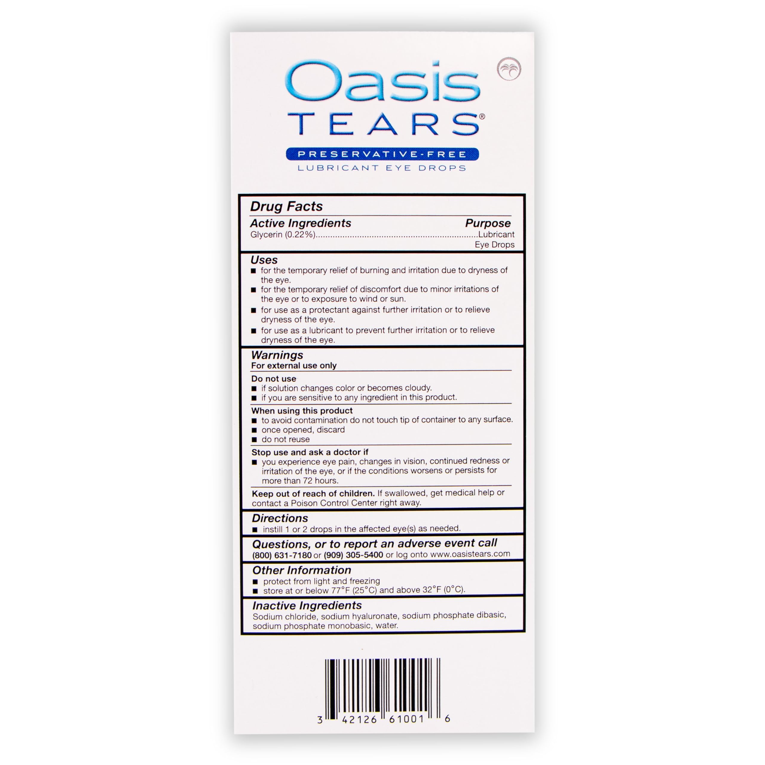 Oasis TEARS empaque y etiqueta que muestra información de calidad y seguridad