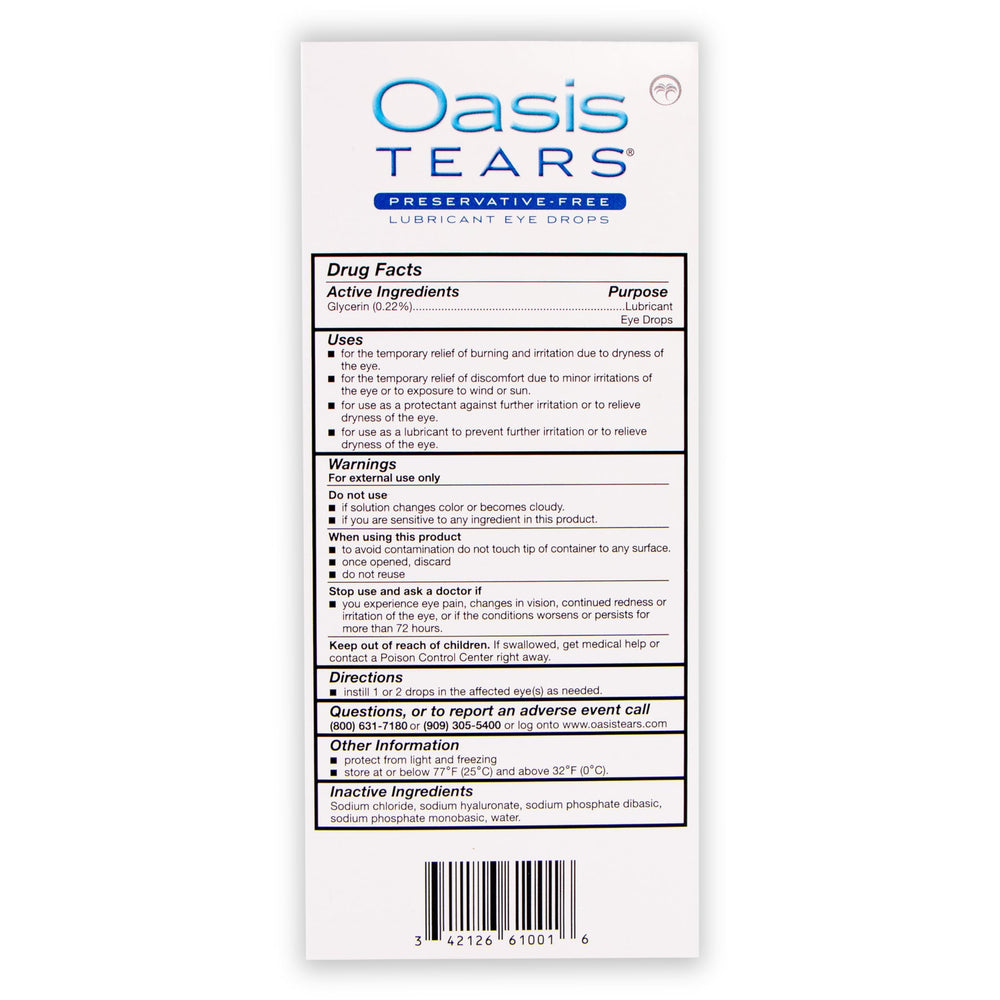 Oasis TEARS empaque y etiqueta que muestra información de calidad y seguridad