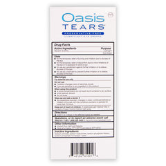 Oasis TEARS empaque y etiqueta que muestra información de calidad y seguridad