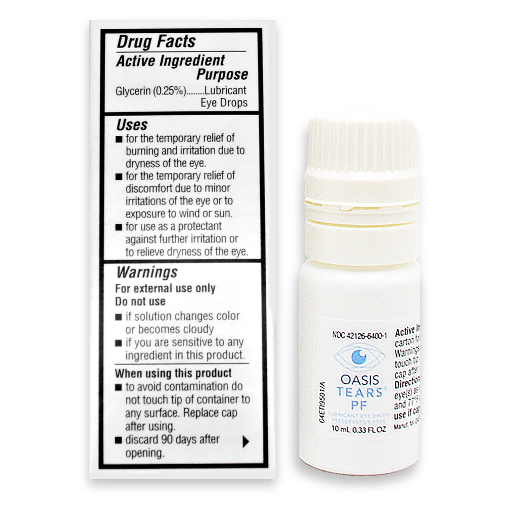 Oasis TEARS PF gota en lente mostrando textura hidratante y lubricación