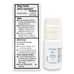 Oasis TEARS PF gota en lente mostrando textura hidratante y lubricación
