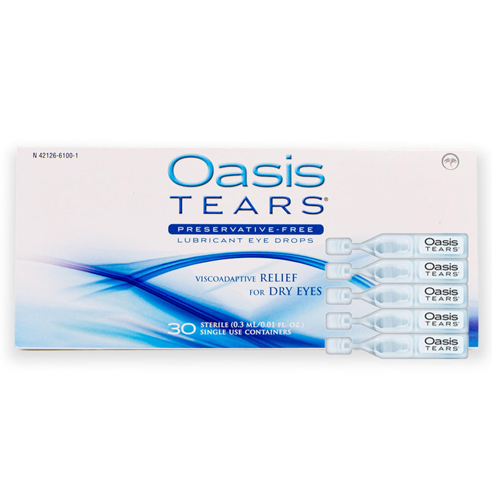 Oasis TEARS vial frontal mostrando diseño compacto y uso higiénico