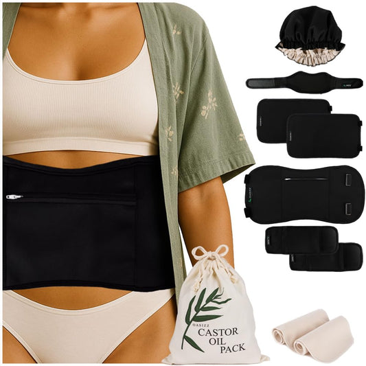 OASIZZ envoltura abdominal frontal mostrando ajuste y correa elástica, comodidad mejorada