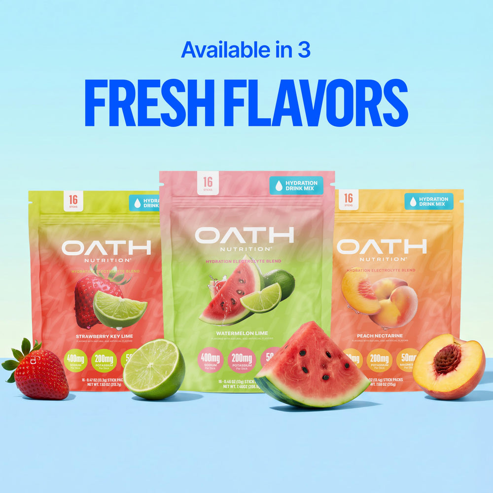Oath Nutrition caja abierta con 16 sobres lista para transportar y dosificar