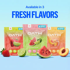 Oath Nutrition caja abierta con 16 sobres lista para transportar y dosificar
