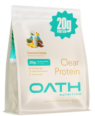 Oath Nutrition envase frontal del Clear Whey Coconut Colada que muestra etiqueta y beneficios