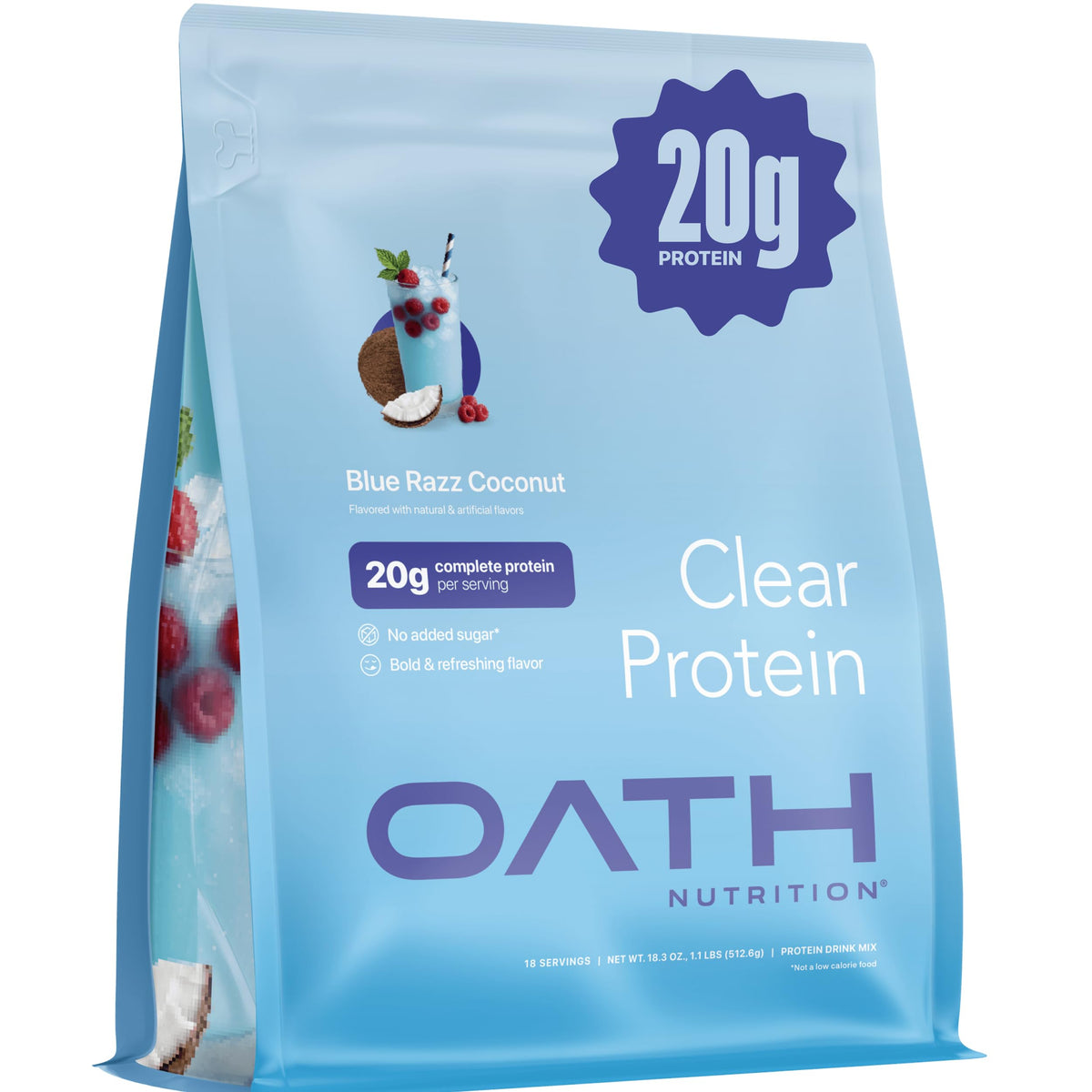 Oath Nutrition empaque frontal mostrando sabor Blue Razz Coconut y porciones