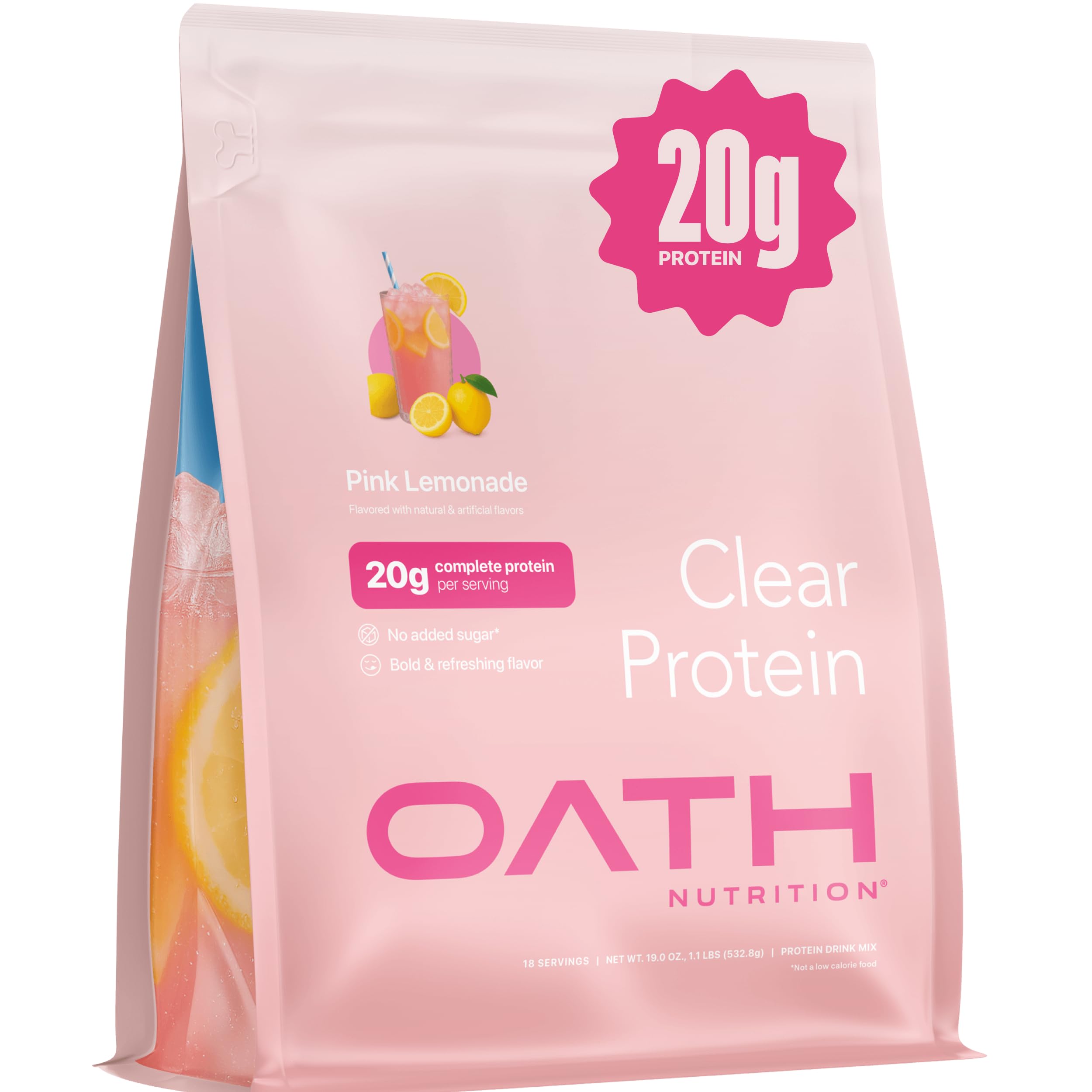 OATH NUTRITION frente del empaque mostrando sabor pink lemonade y beneficios claros