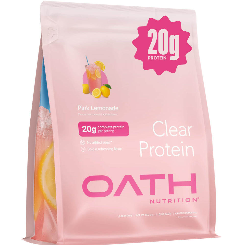 OATH NUTRITION frente del empaque mostrando sabor pink lemonade y beneficios claros