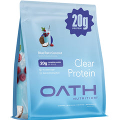 Oath Nutrition empaque frontal mostrando sabor Blue Razz Coconut y porciones