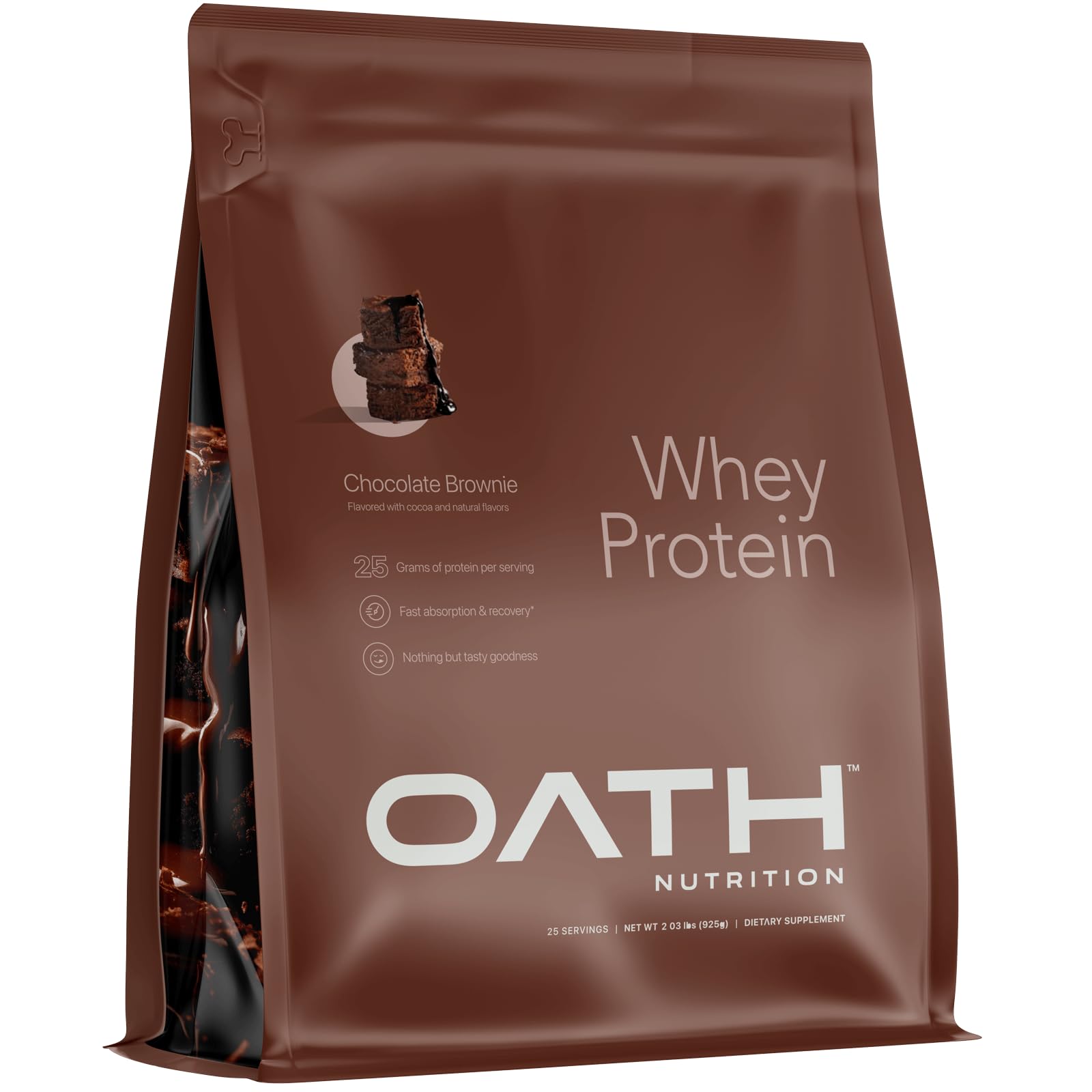 Oath Nutrition frente del envase mostrando producto y sabor Chocolate Brownie, conveniencia