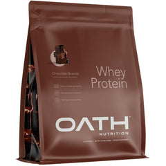 Oath Nutrition frente del envase mostrando producto y sabor Chocolate Brownie, conveniencia