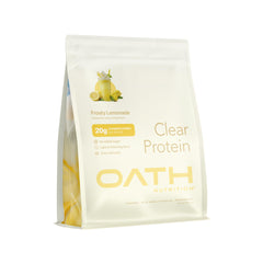 OATH NUTRITION envase Frosty Lemonade mostrando diseño y raciones, información clara
