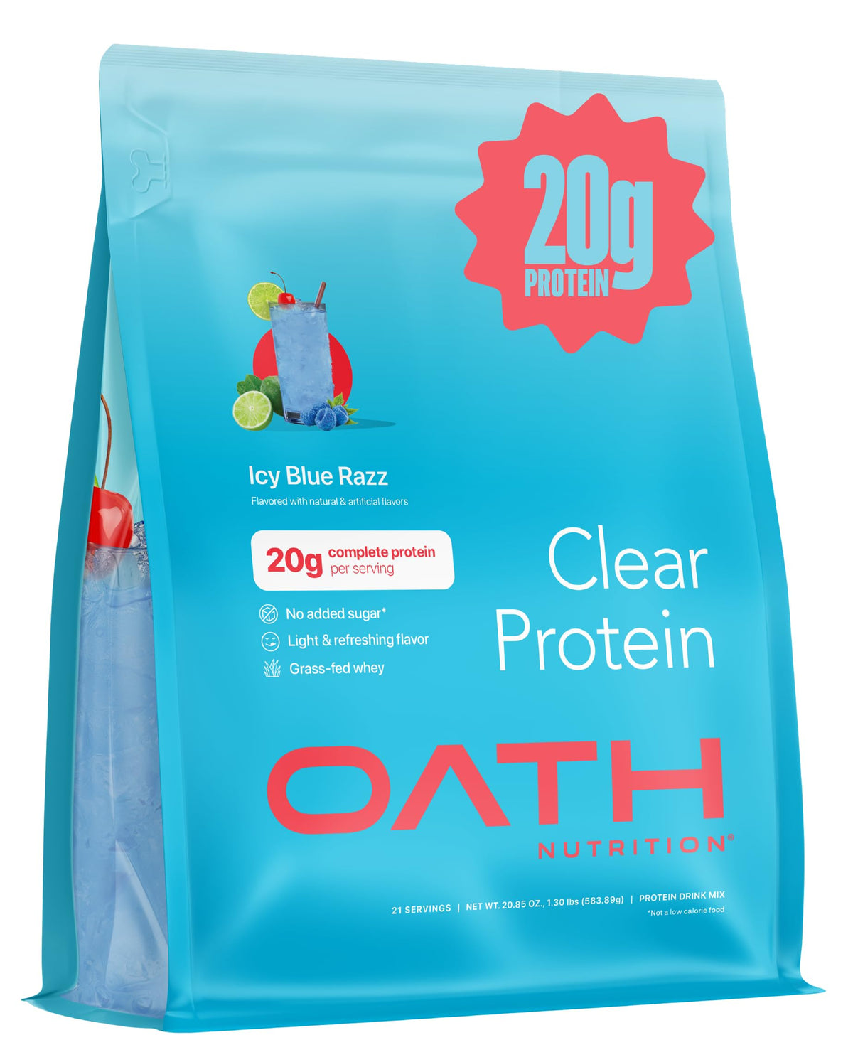 OATH NUTRITION envase frontal ICY Blue Razz mostrando porciones y sabor