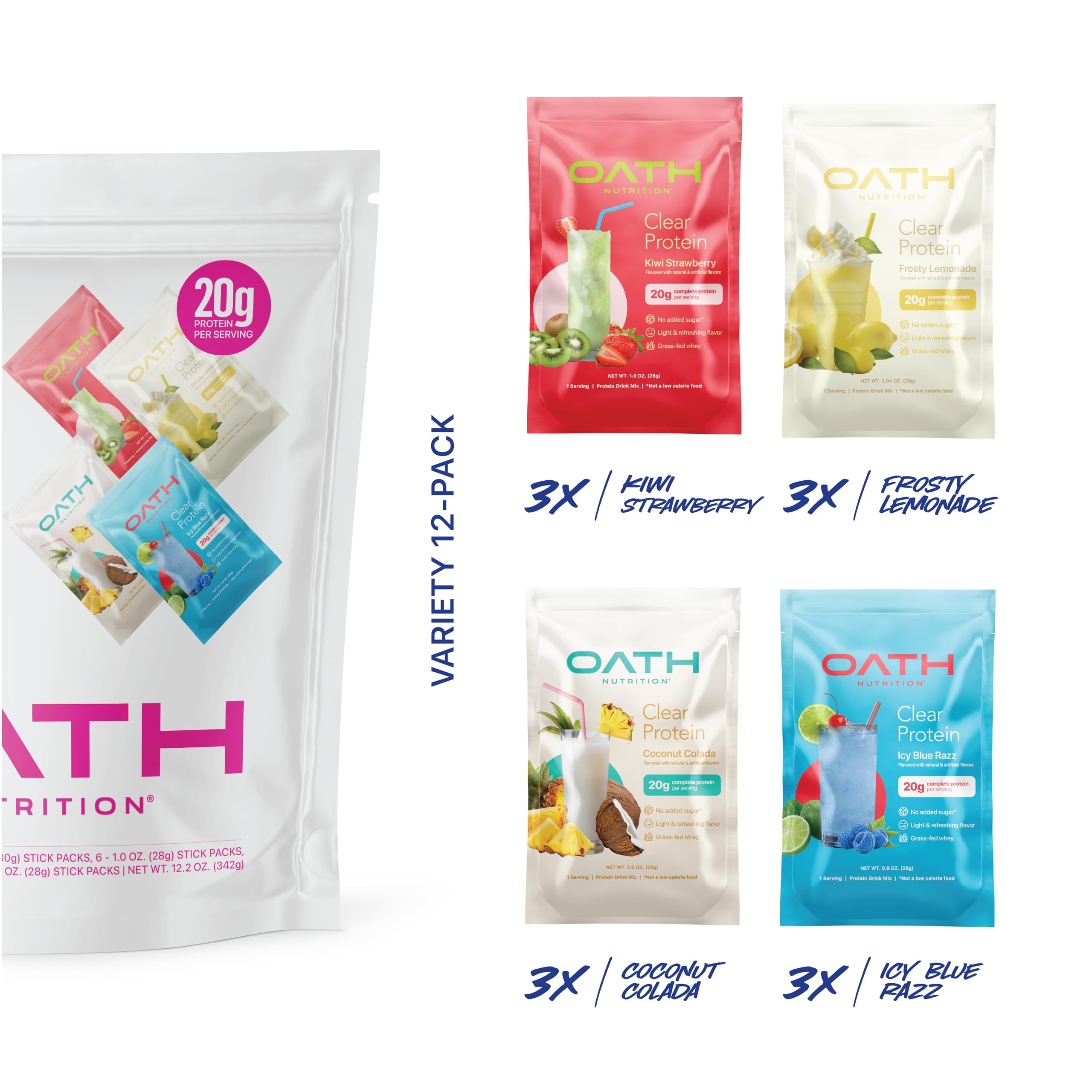 Oath Nutrition scoop sobre balanza mostrando 20 g de proteína por porción y precisión