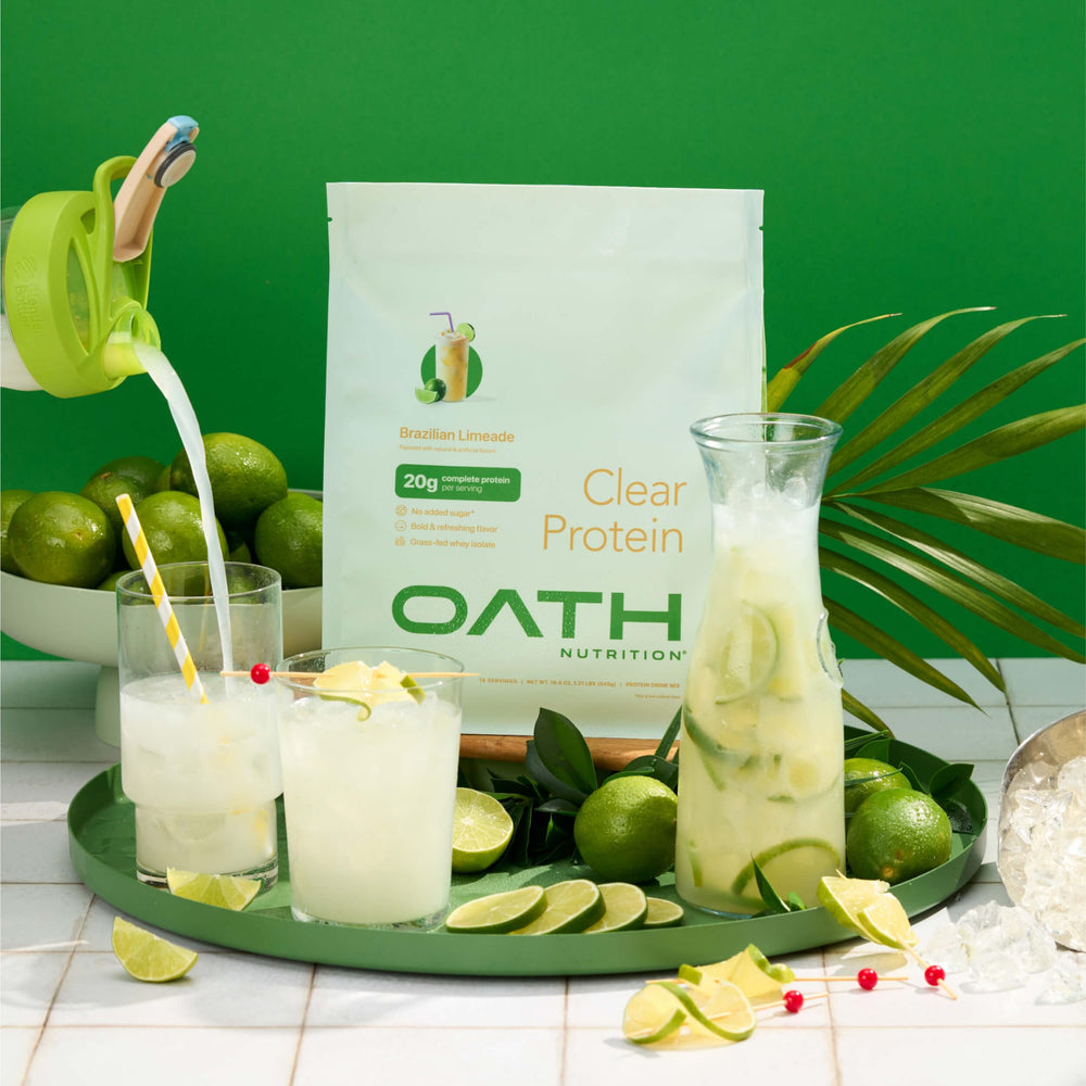 Oath Nutrition cucharada con una porción, comparación de tamaño y conveniencia.