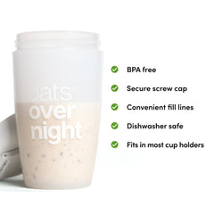 Oats Overnight detalle de la tapa con rosca, asegura sin derrames