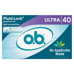 o.b. Ultra vista frontal del empaque mostrando 40 tampones y beneficio de protección
