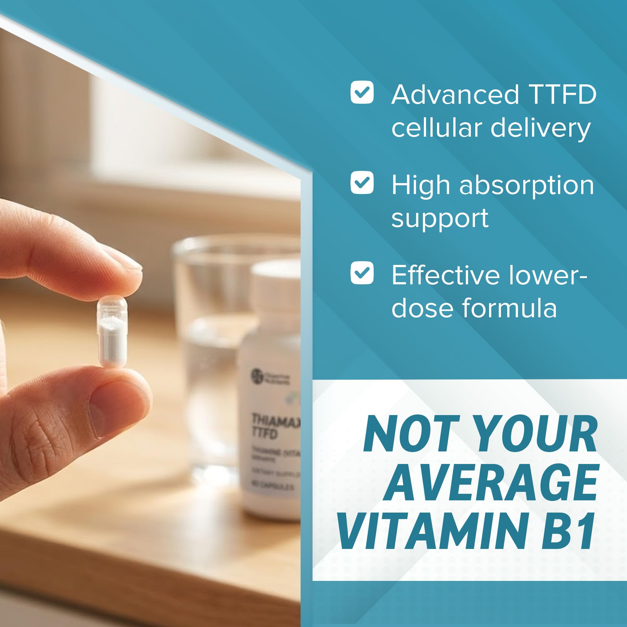 Objective Nutrients Thiamax bote abierto con cápsulas, lista para uso diario