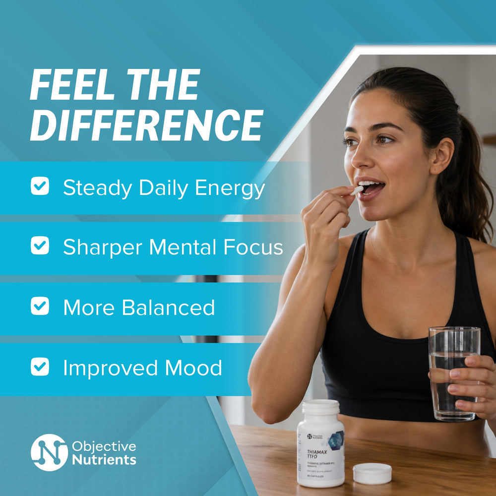 Objective Nutrients Thiamax cápsula cerca, muestra tamaño fácil de tragar