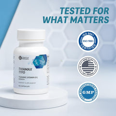Objective Nutrients Thiamax detalle de cápsula, indica acabado y pureza