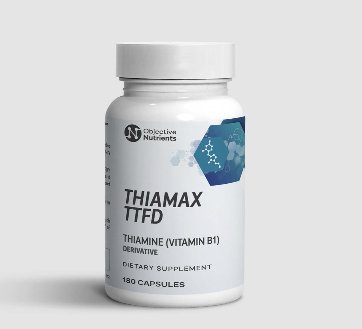 Objective Nutrients Thiamax frasco delantero mostrando etiqueta clara y beneficios