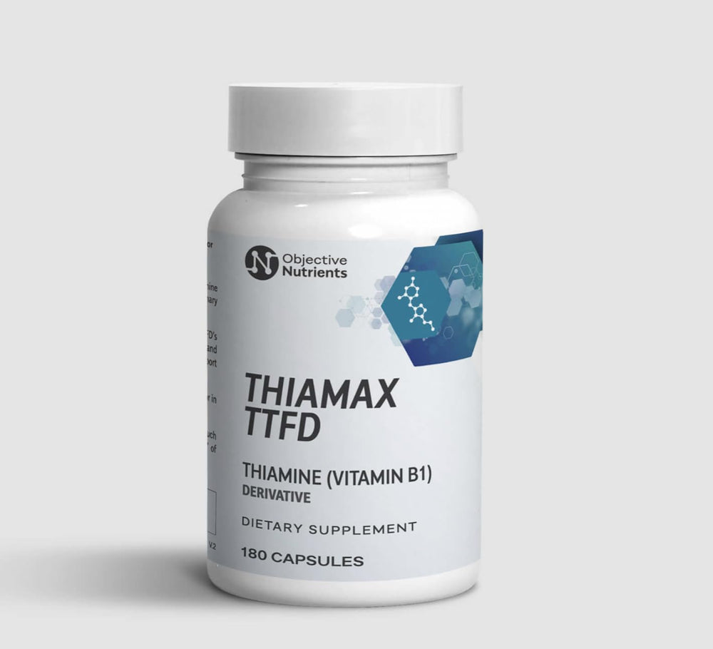Objective Nutrients Thiamax frasco delantero mostrando etiqueta clara y beneficios