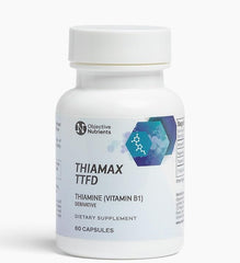 Objective Nutrients Thiamax frasco frontal, presenta confianza y calidad