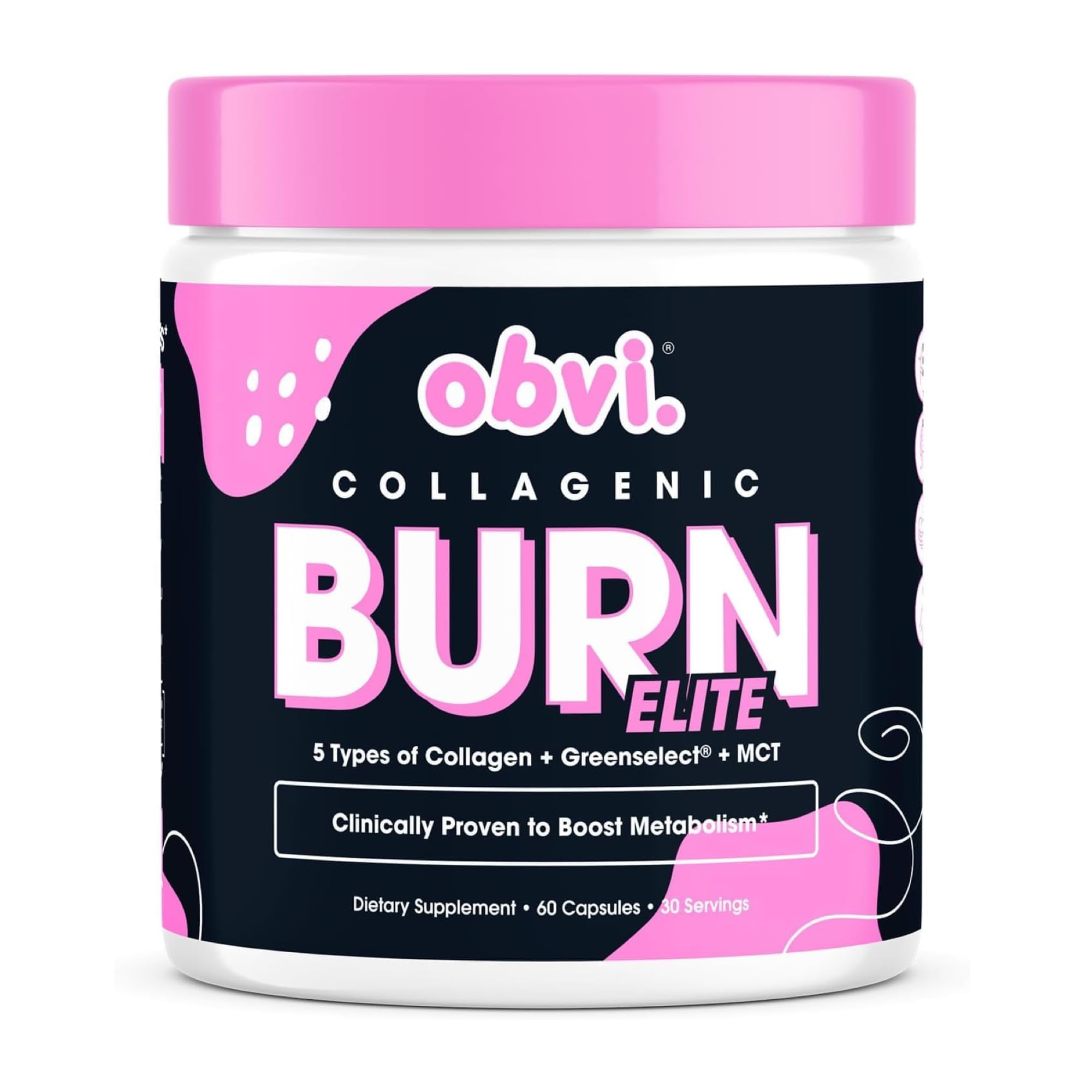 Obvi Burn Elite vista frontal del envase mostrando etiqueta y 60 cápsulas, ideal para controlar metabolismo